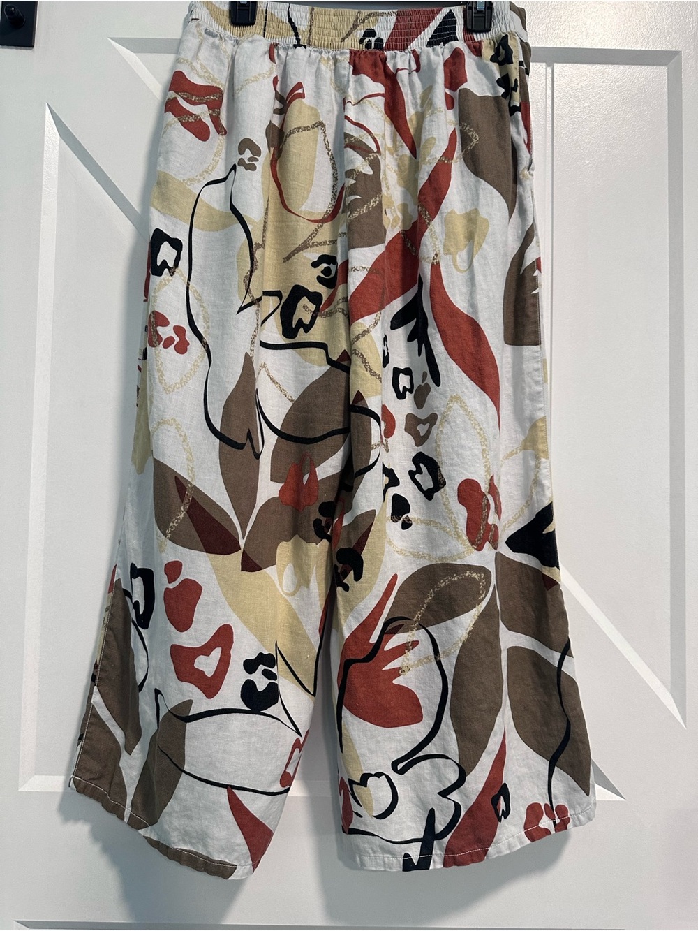 Tahari White Wide-Leg Linen-Blend Pants with Abstract Floral Print size L - Picture 3 of 7
